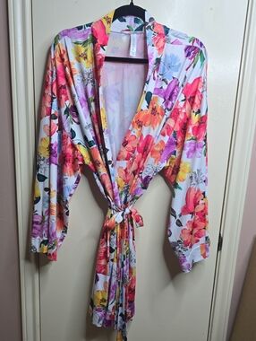 Cacique Multifloral Vibrant Coral Purple Yellow Belted Robe Spring Summer Femini